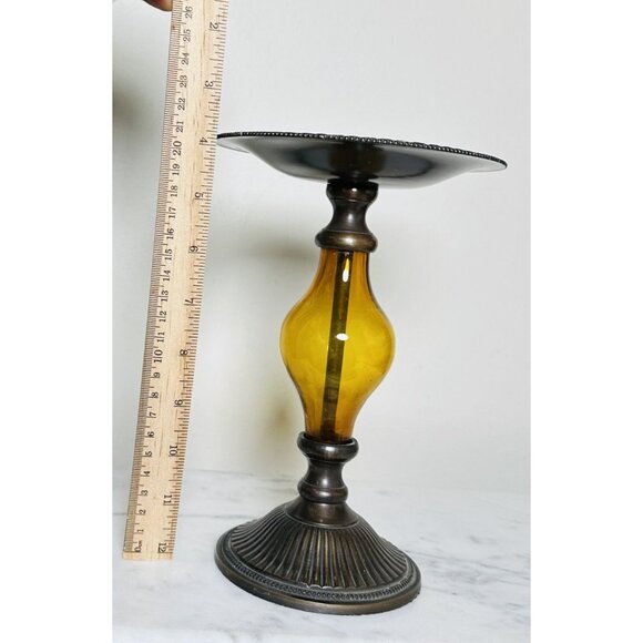 Amber Glass Pedestal Candle Holder Antique Brass Tone Pillar Candlestick Neutral - Picture 6 of 7